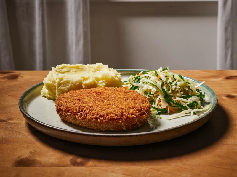 Chrupiący kotlet schabowy z puree ziemniaczanym i surówką z kapusty na ceramicznym talerzu